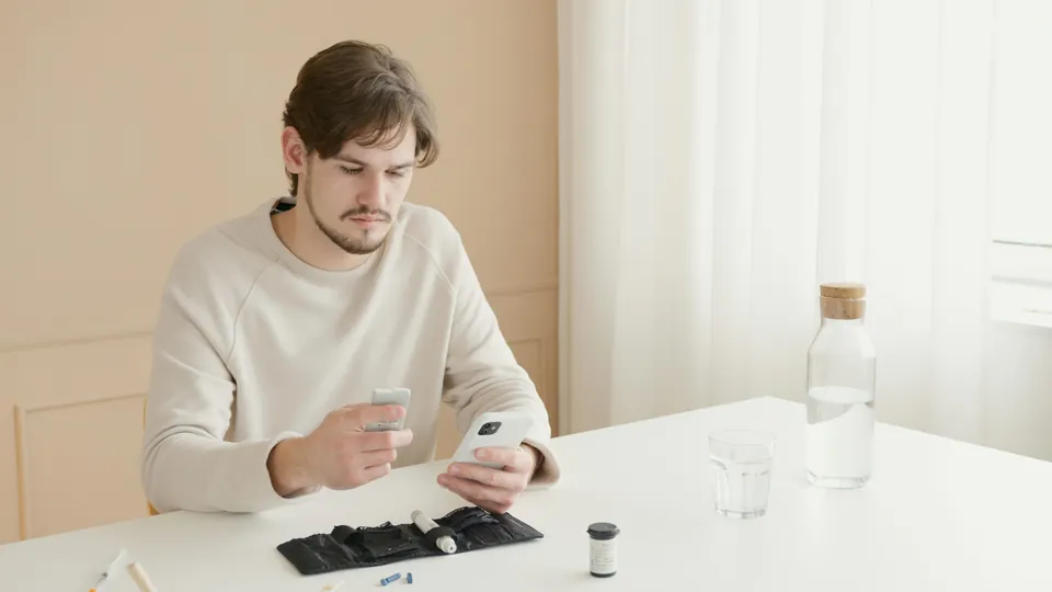 Jeune homme à son bureau avec une calculatrice